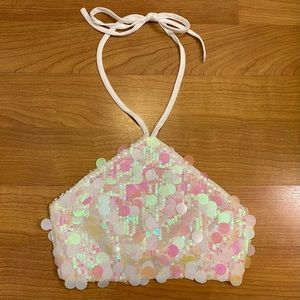 White Holographic Sequin Halter Festival Crop Top